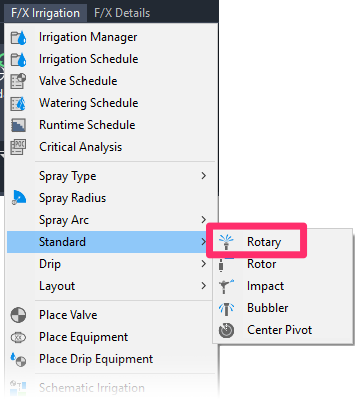 F/X Irrigation menu, Rotary flyout